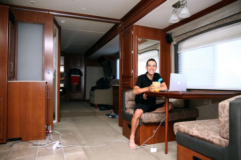 Richie Porte relaxes in his motorhome