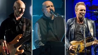 A compilation image of Tony Levin, Peter Gabriel and Sting performing onstage