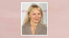 Image of Pamela Anderson smiling with long blonde hair and curtain bangs, wearing a taupe coloured blazer, on a soft pink background