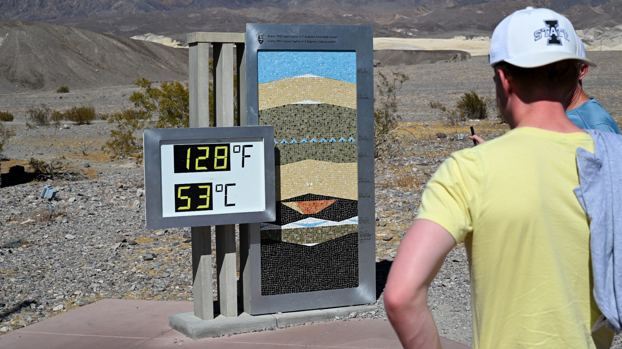 A view of a thermometer that shows 128 degrees Fahrenheit at Furnace Creek Visitor Center in Death Valley National Park of California, United States on August 2, 2026. 