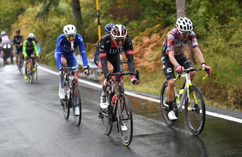 ROCCARASO ITALY OCTOBER 11 Kilian Frankiny of Switzerland and Team Groupama FDJ Mikkel Bjerg of Denmark and UAE Team Emirates Ruben Guerreiro of Portugal and Team EF Pro Cycling Breakaway during the 103rd Giro dItalia 2020 Stage 9 a 207km stage from San Salvo to Roccaraso Aremogna 1658m girodiitalia Giro on October 11 2020 in Roccaraso Italy Photo by Tim de WaeleGetty Images