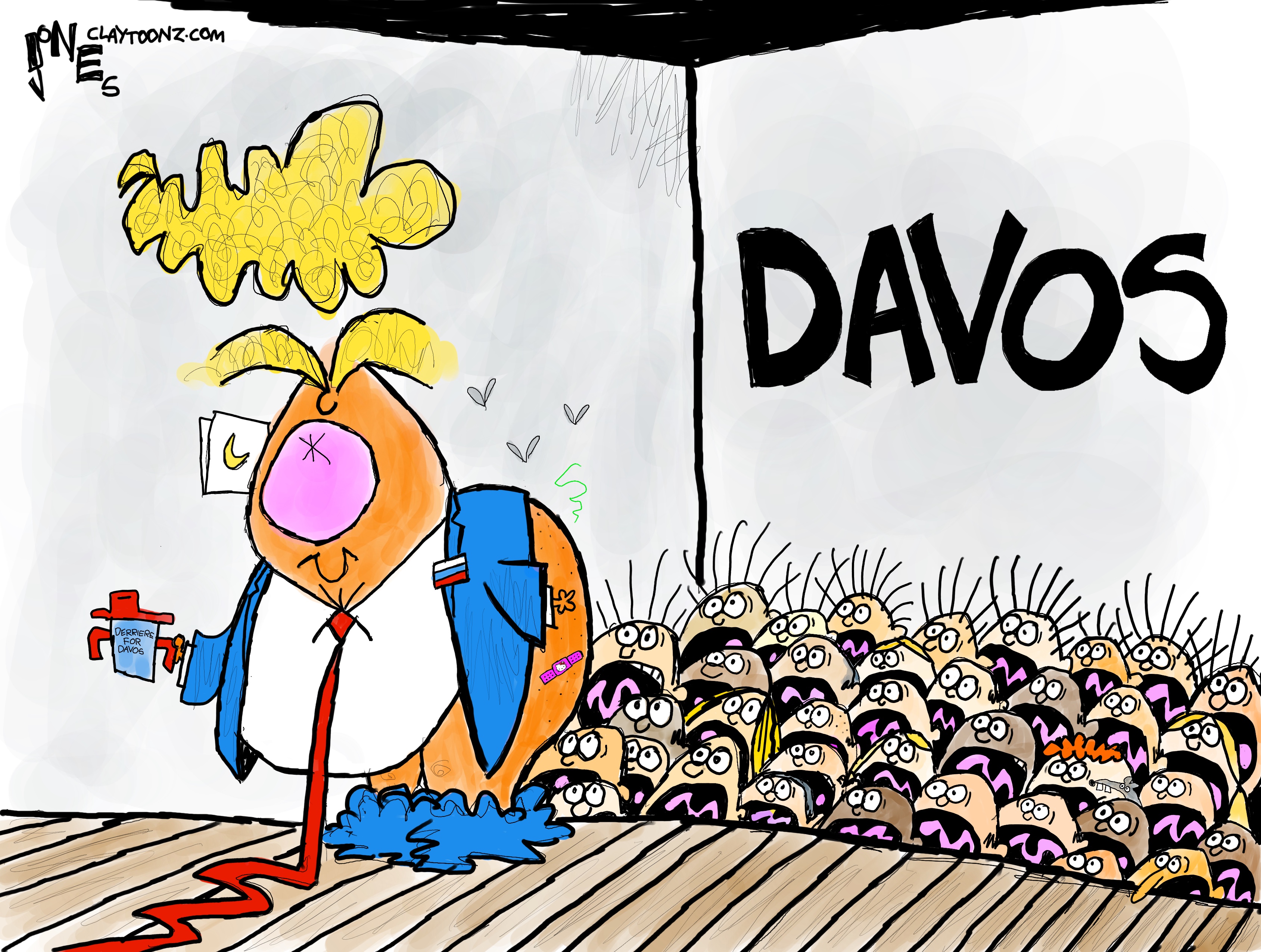Donald Trump is on stage at Davos with in this cartoon. He has turned and mooned the crowd, all of whom look terrified.