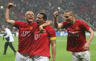 Wes Brown, Rio Ferdinand and Nemanja Vidic after the 2008 Champions League Final
