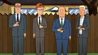 hank, bill, dale and boomhauer stand around drinking on king of the hill