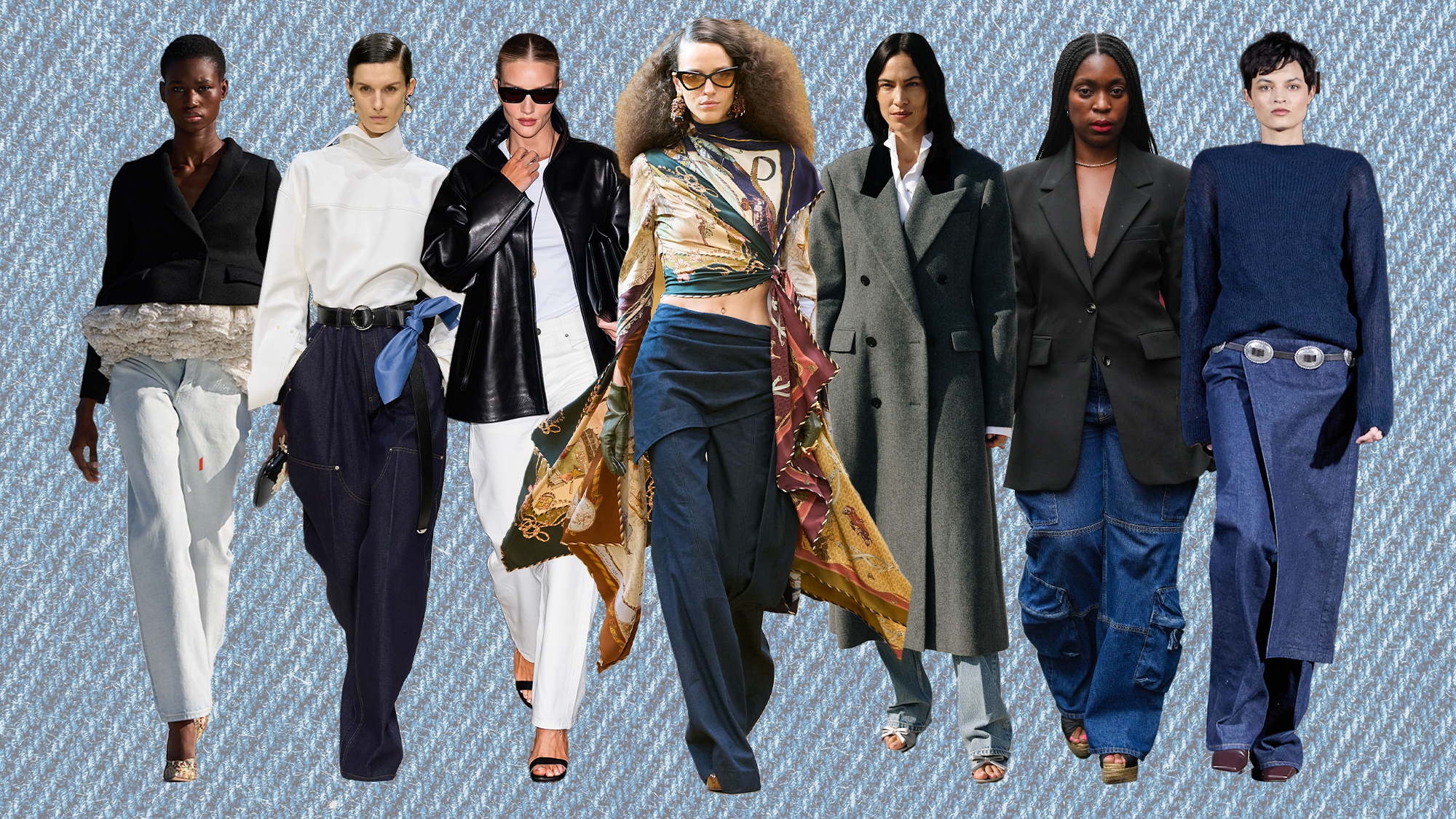 A selection of jeans trends on the autumn/winter 2026 runway and on celebrities 