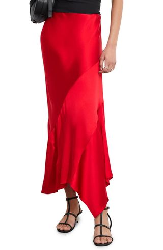 Asymmetric Hem Satin Midi Skirt