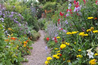 colourful flowers line a gravel garden path