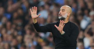 Manchester City manager Pep Guardiola during the Premier League match between Manchester City and Newcastle United at Etihad Stadium on August 19, 2023 in Manchester, England.