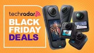 Insta360 X5, GoPro Max 2 and DJI Osmo 360 cameras together over an orange background with Black Friday deals text overlay