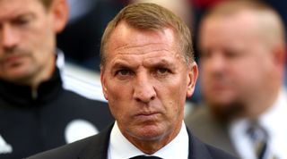 Leicester City manager Brendan Rodgers looks on prior to the Premier League match between Brighton & Hove Albion and Leicester City at American Express Community Stadium on September 04, 2022 in Brighton, England.