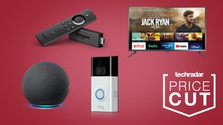 Amazon devices on a red TechRadar deals background