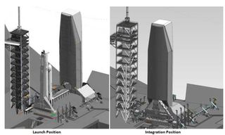 This SpaceX diagram shows how the company's planned mobile service tower will look in launch position (left) and integrated position for launches from Pad 39A of NASA's Kennedy Space Center.