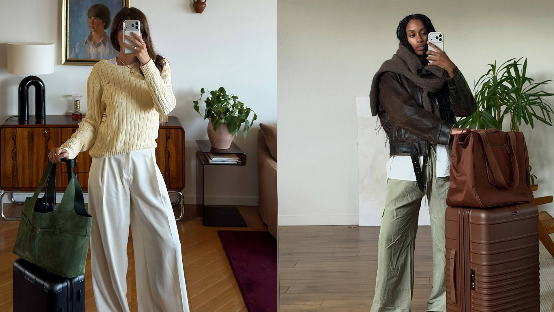Collage of two French women wear airport outfits