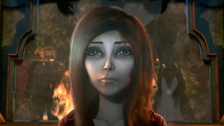 Alice stands in front of flames