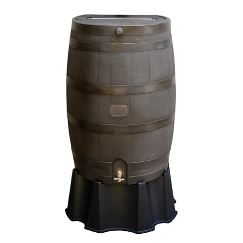 Rts Home Accents 50-Gallon Rain Barrel, Flat Back Rain Water Collection Barrel, Stand Included, Walnut Color