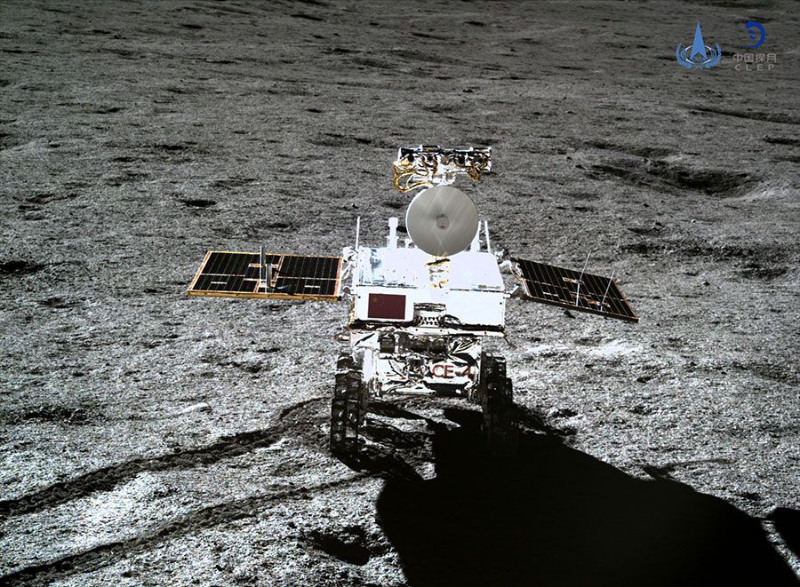 China&#039;s Yutu 2 rover, as seen by the Chang&#039;e 4 lander on the far side of the moon.