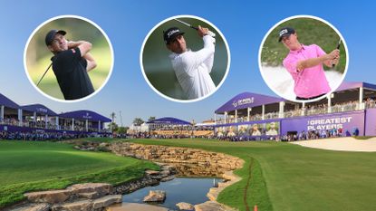 The final hole at Jumeirah Golf Estates and insets of Adam Scott, Rafa Cabrera Bello and Joe Dean hitting golf shots
