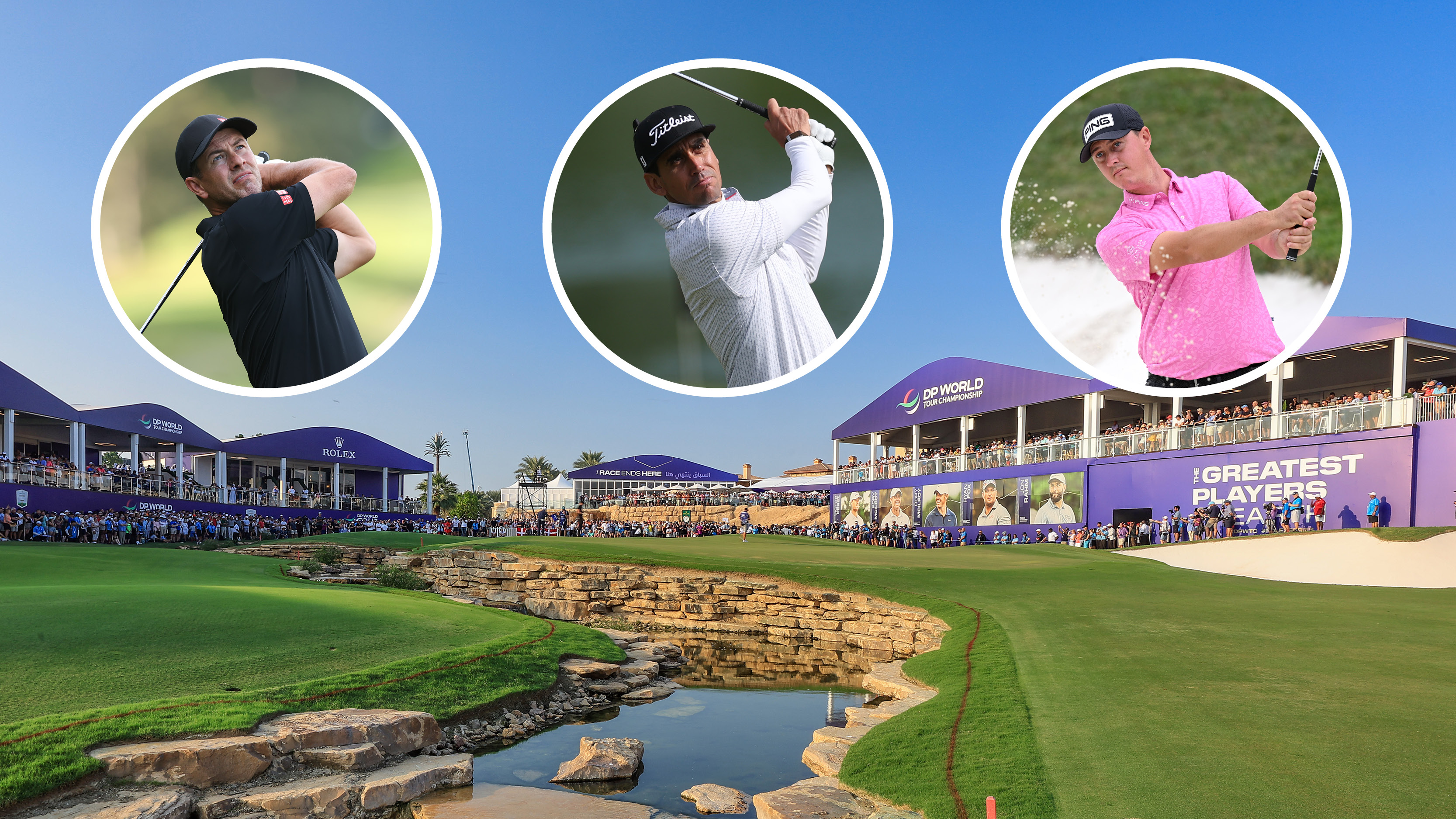 The final hole at Jumeirah Golf Estates and insets of Adam Scott, Rafa Cabrera Bello and Joe Dean hitting golf shots