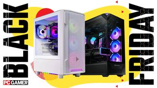 A Skytech and iBuyPower gaming PC on a Black Friday custom background