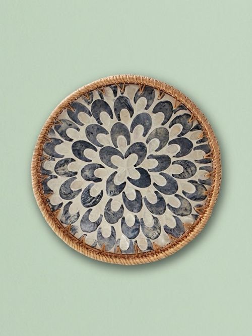 Round Rattan Tray With Mother of Pearl Inlay