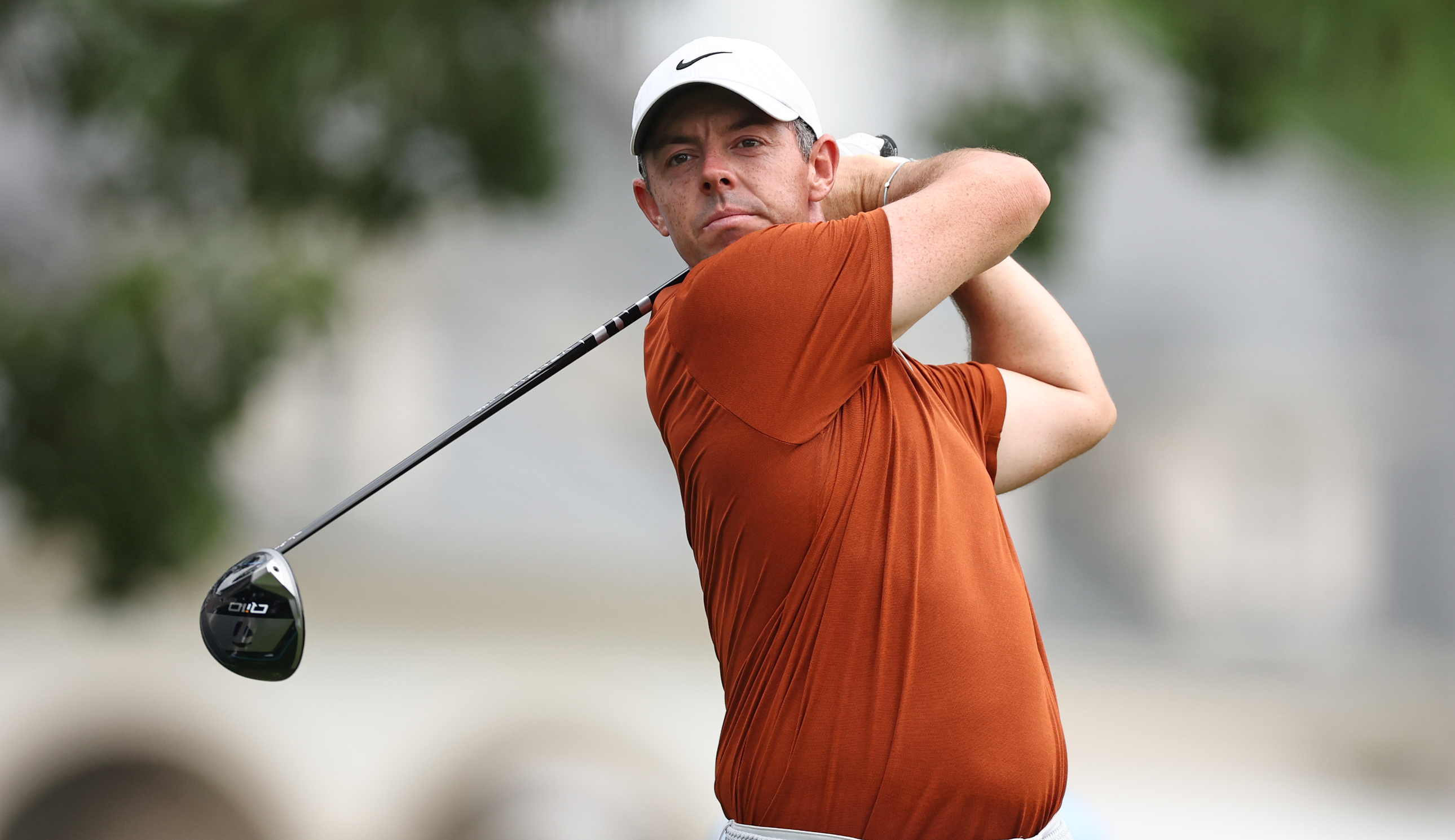 Rory McIlroy hits a driver off the tee