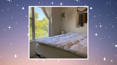 Parachute Mattress Topper in bedroom in review on pink and purple background with sparkles