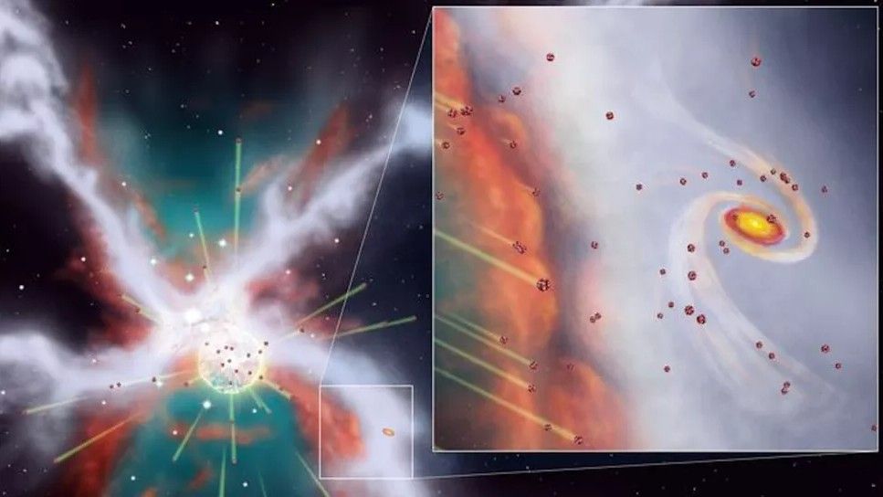 An illustration shows the infant solar system shielded from a supernova blast by a filament of a molecular cloud.