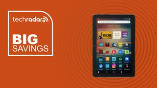 Amazon Fire HD 8 tablet on an orange background