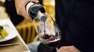 person pouring red wine into glass