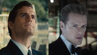 Henry Cavill in The Man From U.N.C.L.E. and Sam Heughan in The Spy Who Dumped Me, both well dressed and pictured side by side. 