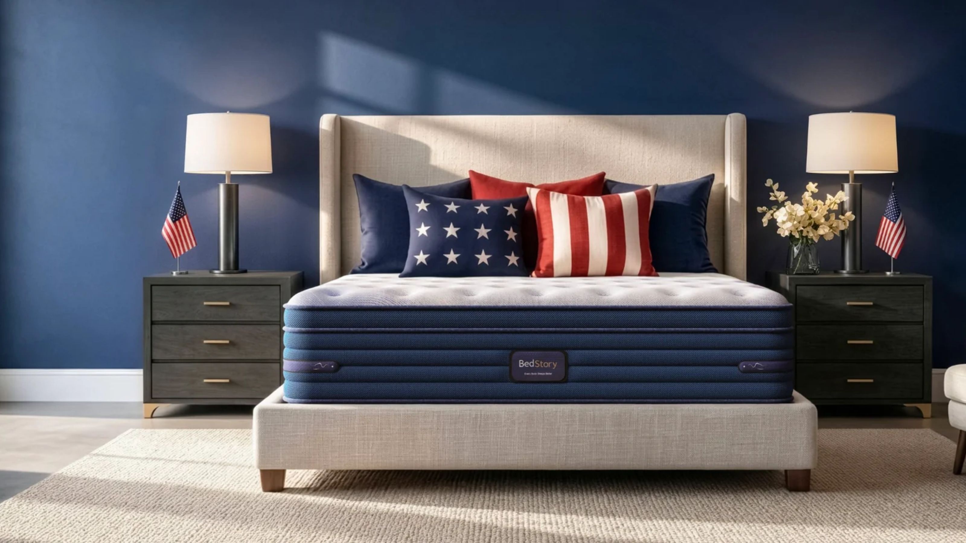 BedStory mattress on a grey bed in blue bedroom with matching black nightstands to either side with white lampshades.