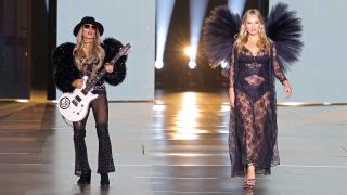 Orianthi plays guitar next to a catwalking Kate Moss at the Vicrtoria&#039;s Secret Fashion Show 