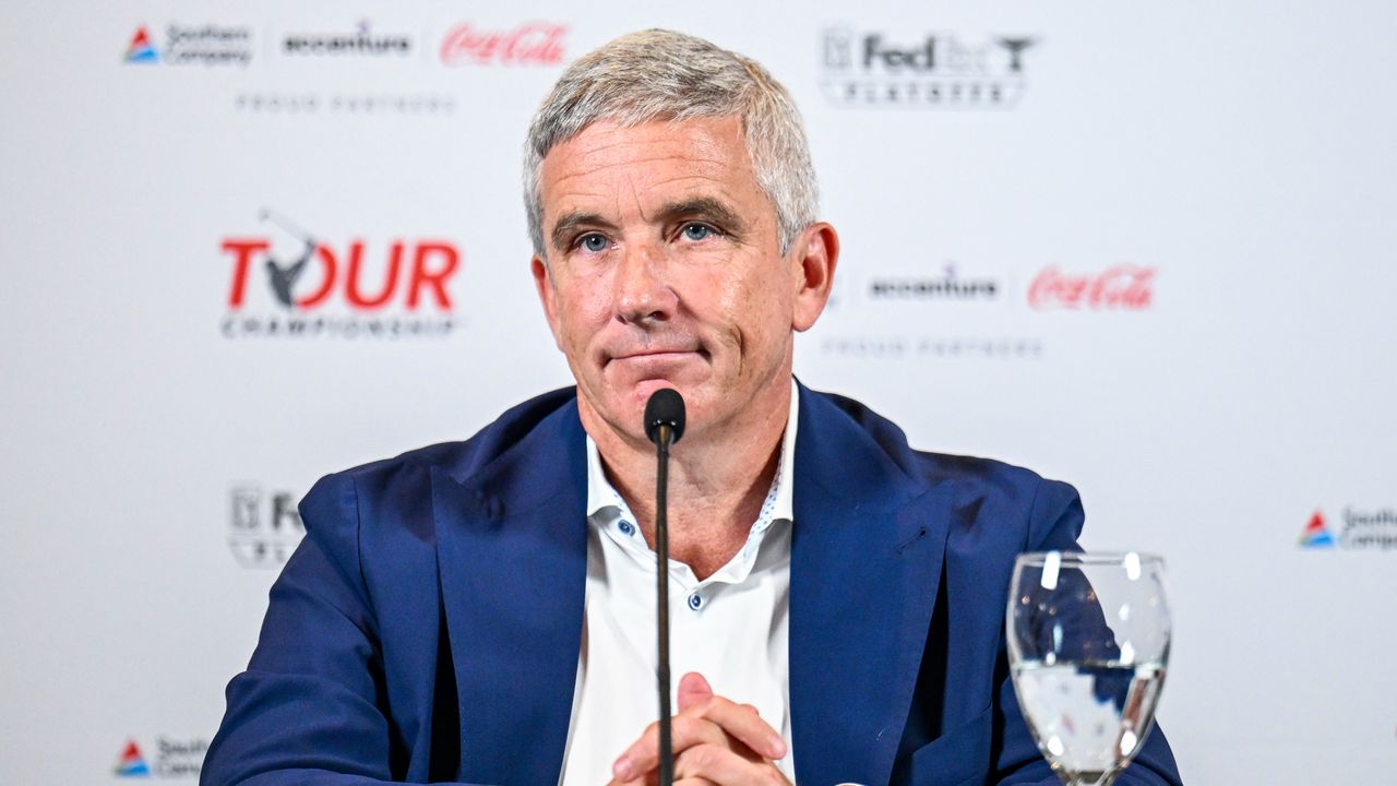 Jay Monahan talks to the media before the Tour Championship at East Lake