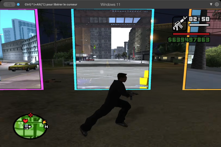 GTA San Andreas, GTA Vice City and GTA III running simultaneously and interconnected through portals 