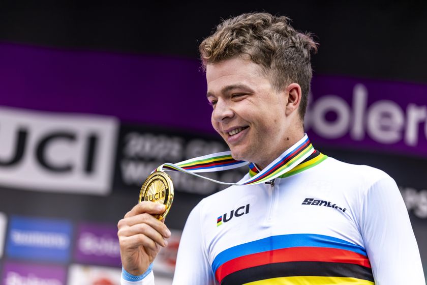Mandatory Credit: Photo by MARCEL VAN HOORN/EPA/Shutterstock (15534423l)
Gold medalist Florian Vermeersch of Belgium poses on the podium for the Men Elite race of the UCI Gravel World Championships in Maastricht, Netherlands, 12 October 2025.
UCI Gravel World Championships in Zuid-Limburg, Maastricht, Netherlands - 12 Oct 2025