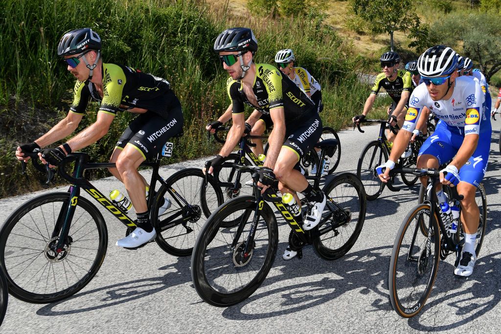 SARNANO ITALY SEPTEMBER 11 Michael Hepburn of Australia and Team MitcheltonScott Simon Yates of The United Kingdom and Team MitcheltonScott Davide Ballerini of Italy and Team Deceuninck QuickStep Cameron Meyer of Australia and Team MitcheltonScott Brent Bookwalter of The United States and Team MitcheltonScott during the 55th TirrenoAdriatico 2020 Stage 5 a 202km stage from Norcia to SarnanoSassotetto 1335m TirrenAdriatico on September 11 2020 in Sarnano Italy Photo by Justin SetterfieldGetty Images