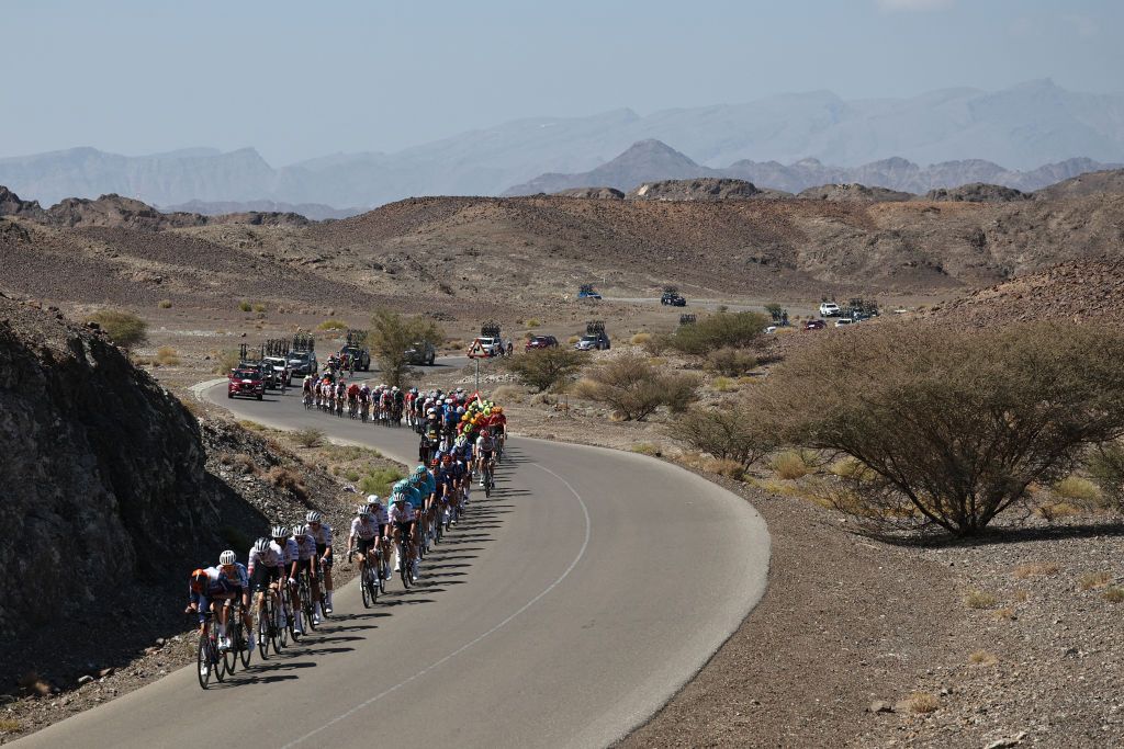 The pack rides during the first stage of the Tour of Oman between the Oman Across Ages Museum and the Oman Convention and Exhibition Centre in Muscat