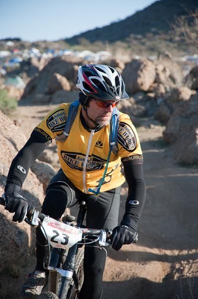 Second place finisher in the Solo Male category, Sean Allan, shoots down the option on his way to the rock drop at the Kona Bikes 24 Hours in the Old Pueblo race on Sunday.