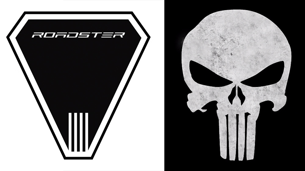 Tesla Roadster logo beside The Punisher logo