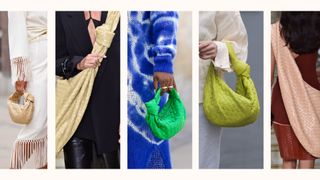 composite of the bottega veneta jodie bag on the catwalk and in street style images