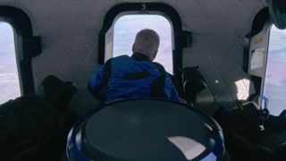 90-year old actor William Shatner during his suborbital flight aboard Blue Origin's Blue Shepard capsule.