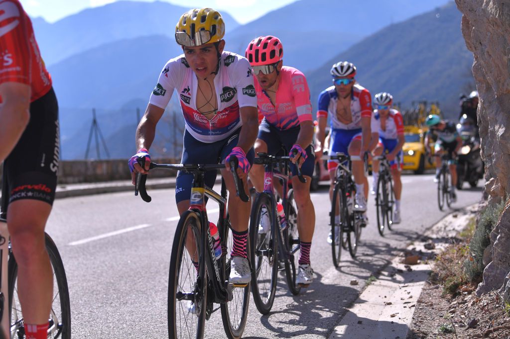 VALDEBLORE LA COLMIANE FRANCE MARCH 14 Sergio Andres Higuita of Colombia and Team Ef Pro Cycling White Best Young Jersey Tanel Kangert of Estonia and Team Ef Education First during the 78th Paris Nice 2020 Stage 7 a 1665km stage from Nice to Valdeblore La Colmiane 1500m Paris Nice 2020 final stage as part of the fight against the spread of the Coronavirus ParisNice parisnicecourse PN on March 14 2020 in Valdeblore La Colmiane France Photo by Luc ClaessenGetty Images