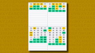 Quordle Daily Sequence answers for game 1127 on a yellow background