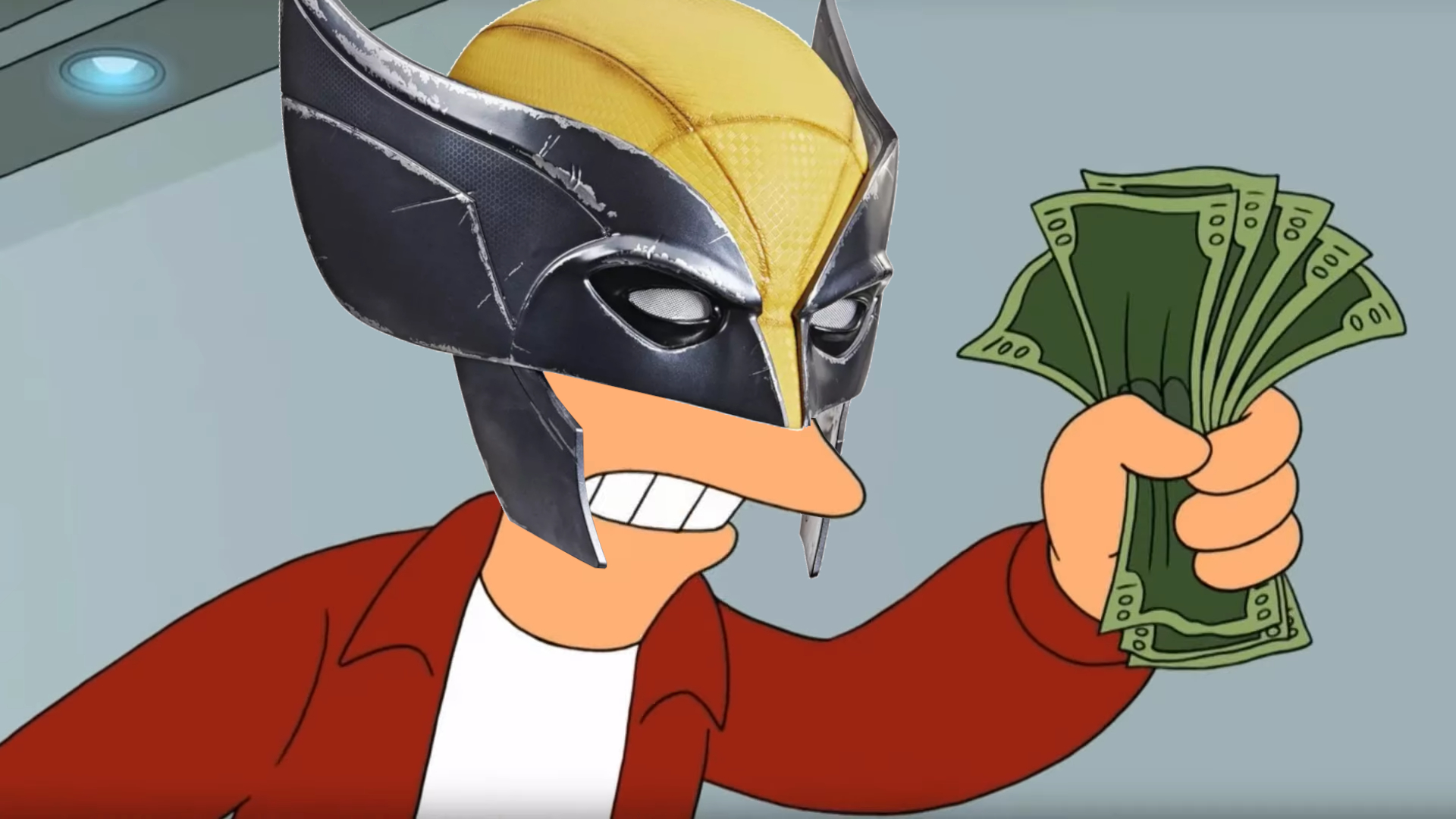 The Fry &quot;shut up and take my money&quot; meme with a Wolverine Marvel Legends helmet over the top