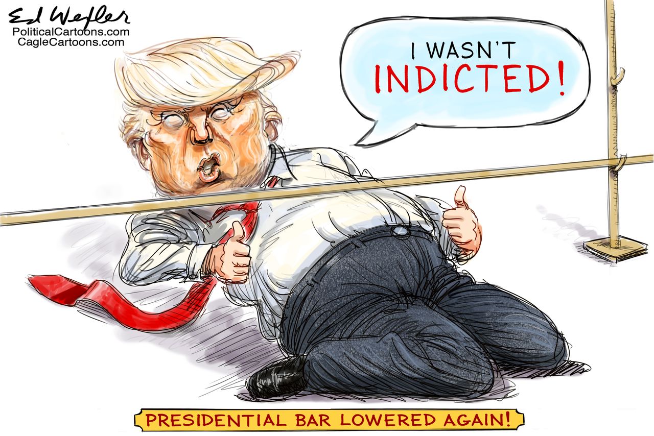 Political Cartoon U.S. Mueller report Trump presidential bar lowered again