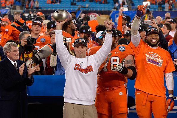 Clemson coach Dabo Swinney celebrates his team&amp;#039;s ACC conference title.