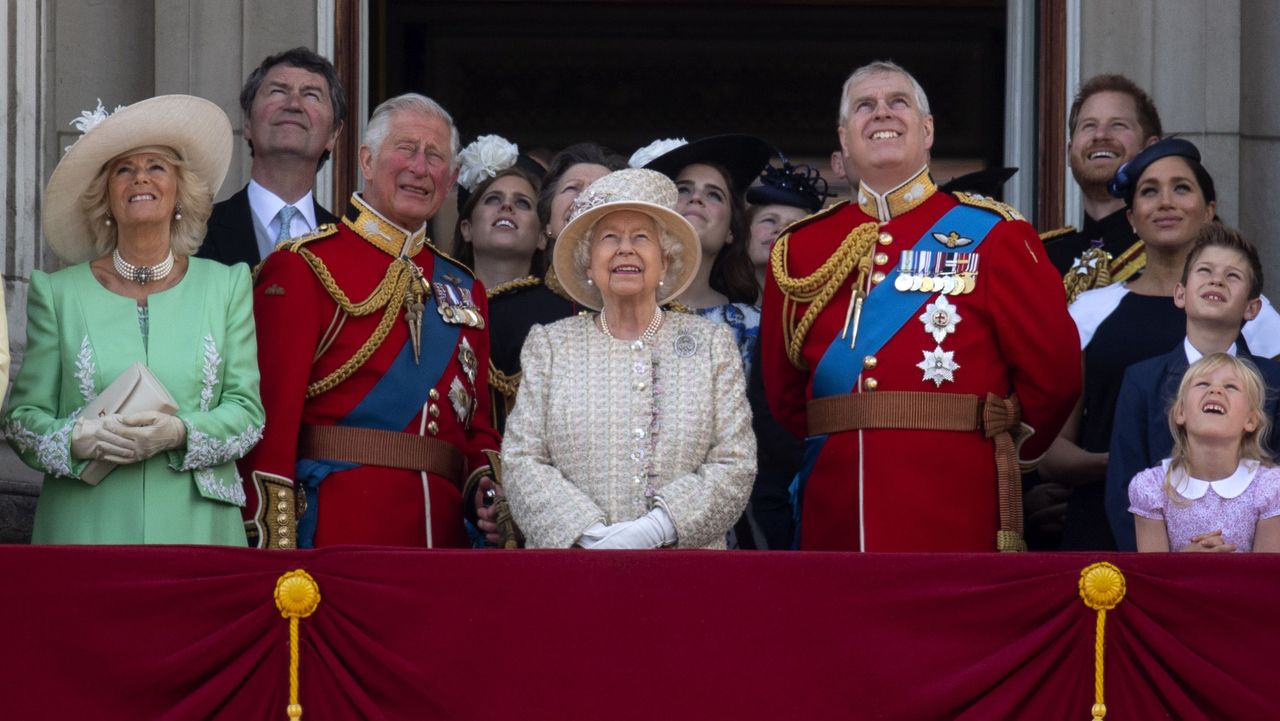 queen elizabeth ii is joined by members of the royal family, including the duke and duchess of cambridge with their children, prince louis, prince george, princess charlotte, duchess of cornwall, prince of wales, princess royal, duke of york, duke and duchess of sussex, peter and autumn phillips and their children savannah and isla, on the balcony of buckingham place watch the flypast after the trooping the colour ceremony, as she celebrates her official birthday photo by victoria jonespa images via getty images