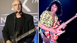 Paul Reed Smith addresses a panel at NAMM. On the right, Eddie Van Halen, with a yellow tiger print blazer on, shreds on Frankenstein.