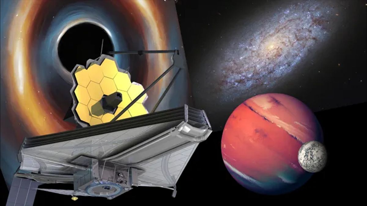 An illustration of the James Webb Space Telescope and some of its Cycle 3 observational targets including black holes, ancient galaxies and exomoons.