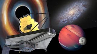 An illustration of the James Webb Space Telescope and some of its Cycle 3 observational targets including black holes, ancient galaxies and exomoons.